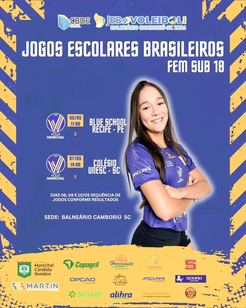 Equipe feminina sub-18 do Colégio Martin Luther/Vôlei Marechal representa o Paraná nos Jogos Escolares Brasileiros, em Balneário Camboriú. (Foto: Divulgação)