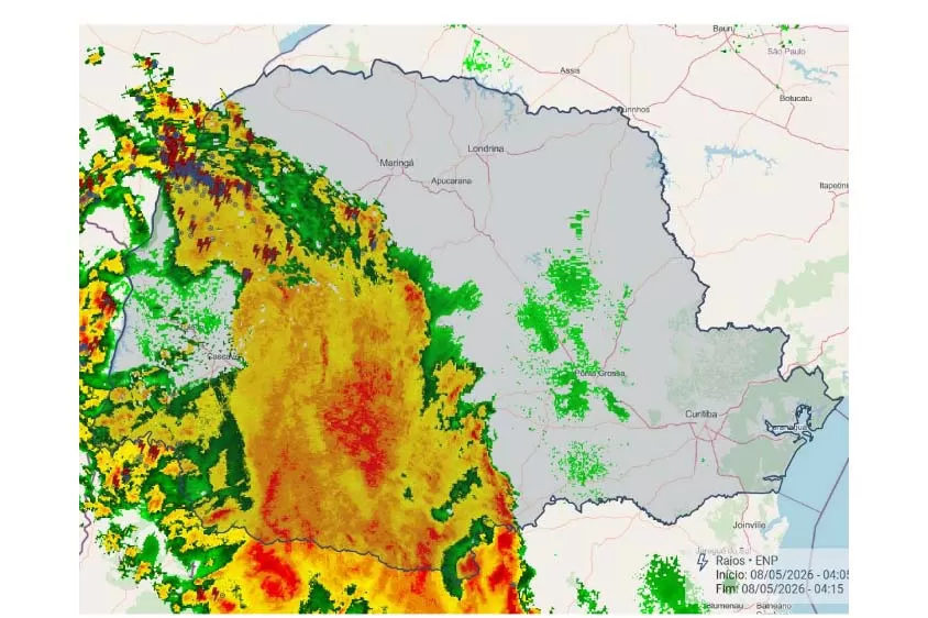 Frente fria associada a ciclone extratropical provoca chuva, vento forte e queda nas temperaturas no Paraná. (Mapa: Simepar)