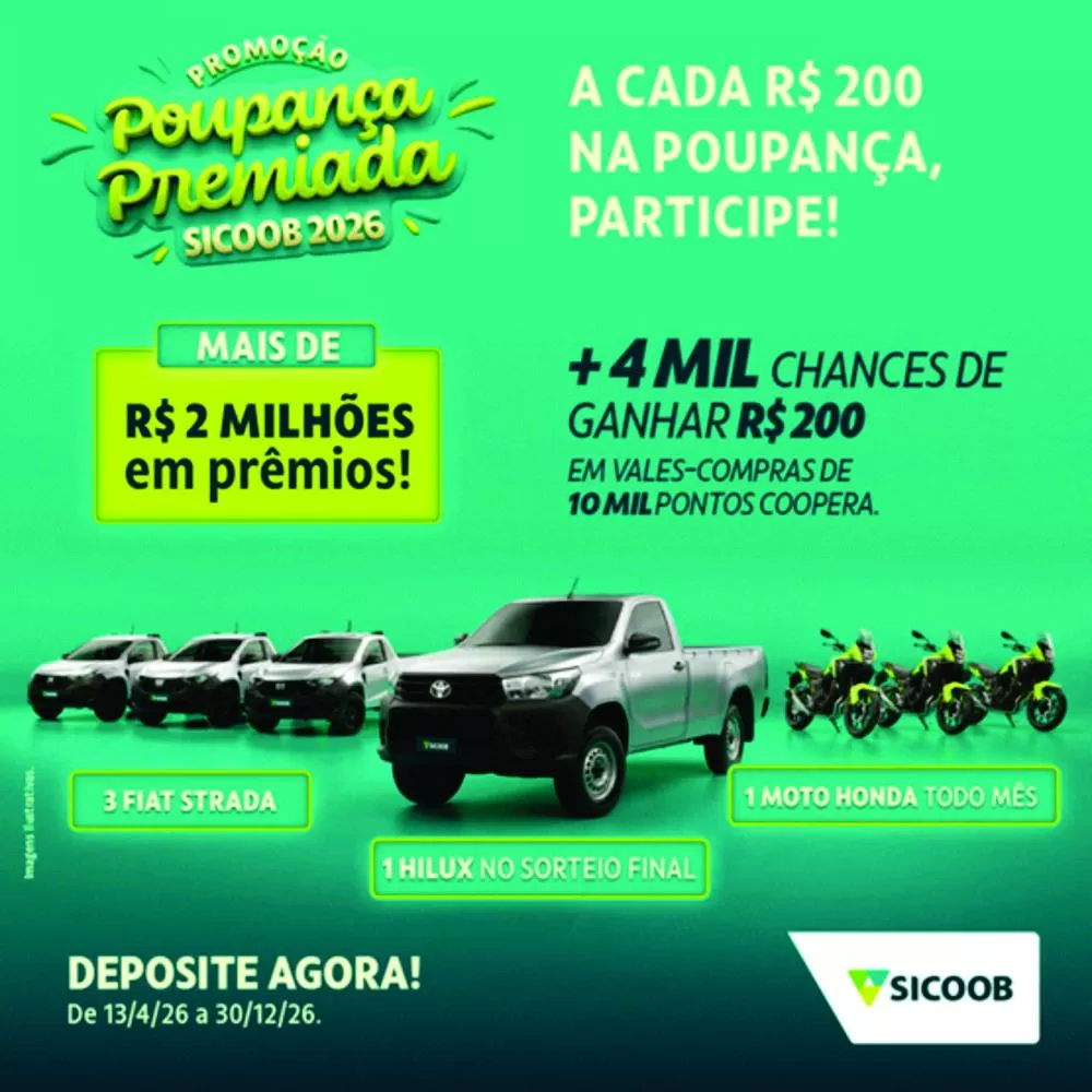 Poupança Premiada Sicoob 2026 distribuirá mais de R$ 2 milhões em prêmios até 30 de dezembro. (Foto: Divulgação)