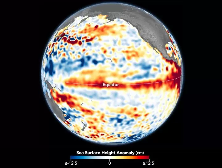 Imagem de satélite mostra anomalias de temperatura na superfície do Oceano Pacífico, fenômeno associado à formação do El Niño e seus impactos no Brasil e na América do Sul. (Foto: Divulgação/Nasa)