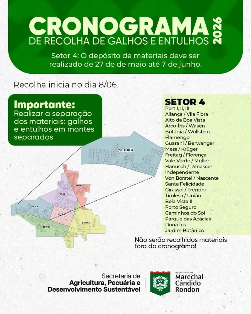 Moradores do setor 4 devem depositar galhos, entulhos e rejeitos em frente às residências até 7 de junho. (Foto: Divulgação)
