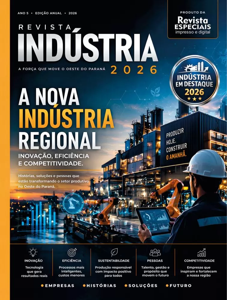 Capa da edição da Revista Indústria 2026, que circula em versão impressa e destaca inovação, eficiência e competitividade no setor produtivo regional. (Foto: Divulgação)