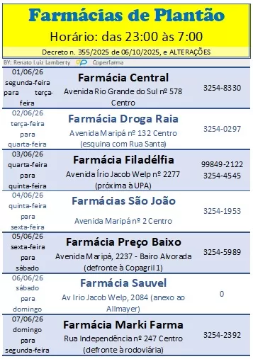 Legenda da foto: Escala das farmácias de plantão em Marechal Cândido Rondon vale de 1º a 7 de junho, com atendimento das 23h às 7h. (Foto: Divulgação)