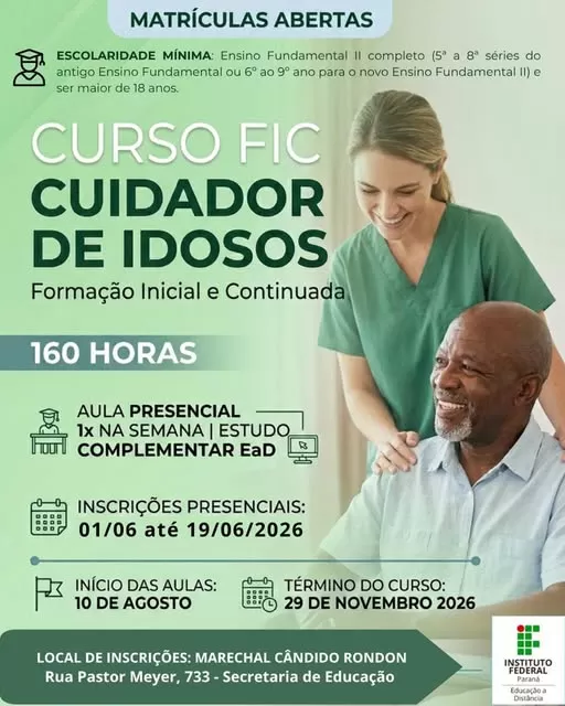IFPR abriu inscrições para curso gratuito de Cuidador de Idosos em Marechal Cândido Rondon, com atendimento presencial na Secretaria Municipal de Educação. (Foto: Divulgação)