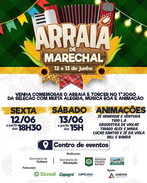 Arraiá Marechal 2026 será realizado nos dias 12 e 13 de junho, no centro de eventos, com apresentações culturais, comidas típicas e atrações musicais. (Foto: Divulgação)