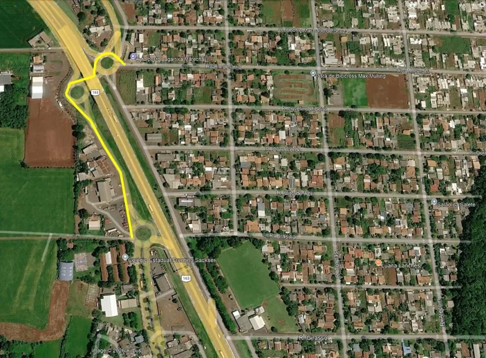 Vereadores sugeriram estudo para implantação de ciclovia entre o Posto Lagartixa e o Colégio Frentino Sachser. (Foto: Google Earth)