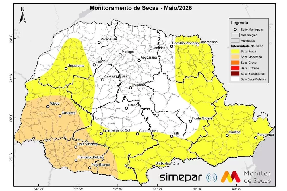 Monitor de Secas aponta recuo da estiagem em várias regiões do Paraná, mas indica avanço da seca moderada em áreas do Oeste e Sudoeste. (Foto: Simepar)