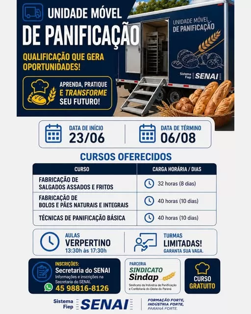 Unidade Móvel de Panificação do SENAI oferece cursos gratuitos em Marechal Cândido Rondon, com aulas no período vespertino e vagas ainda disponíveis. (Foto: Divulgação)