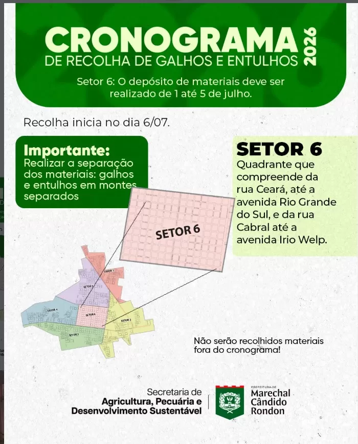 Moradores do setor 6 devem depositar galhos e entulhos entre os dias 1º e 5 de julho; recolha começa no dia 6. (Foto: Divulgação)
