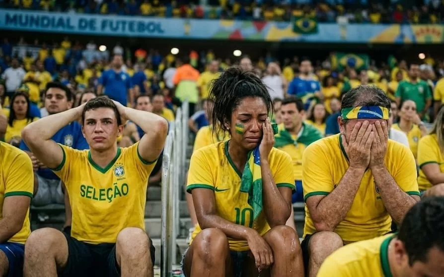Imagem de IA representando frustração de torcedores pela eliminação da seleção brasileira do Mundial de Futebol