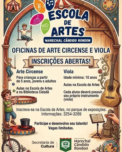 Escola de Artes de Marechal Cândido Rondon está com inscrições abertas para oficinas de arte circense e viola. (Imagem: Divulgação)