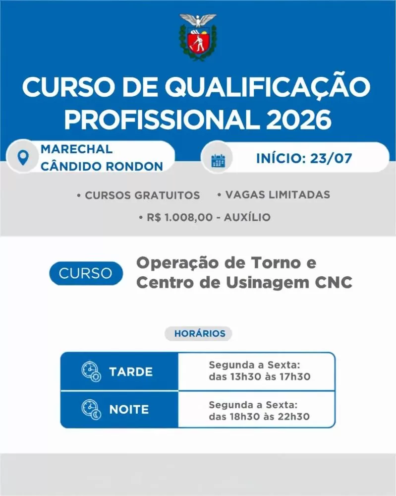 Curso gratuito de Operação de Torno e Centro de Usinagem CNC terá turmas vespertina e noturna em Marechal Cândid (Imagem: Divulgação)o Rondon.