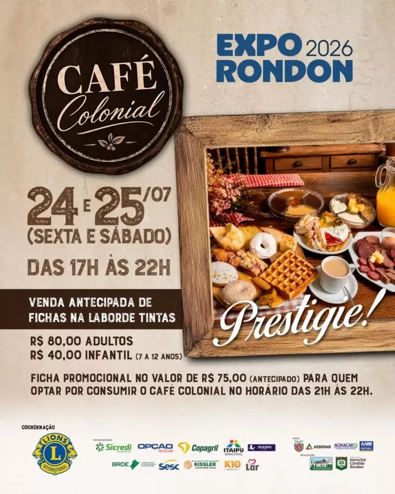 Café Colonial da Expo Rondon 2026 será servido nos dias 24 e 25 de julho, das 17h às 22h, com venda antecipada de fichas e produtos da agricultura familiar. (Imagem: Divulgação)