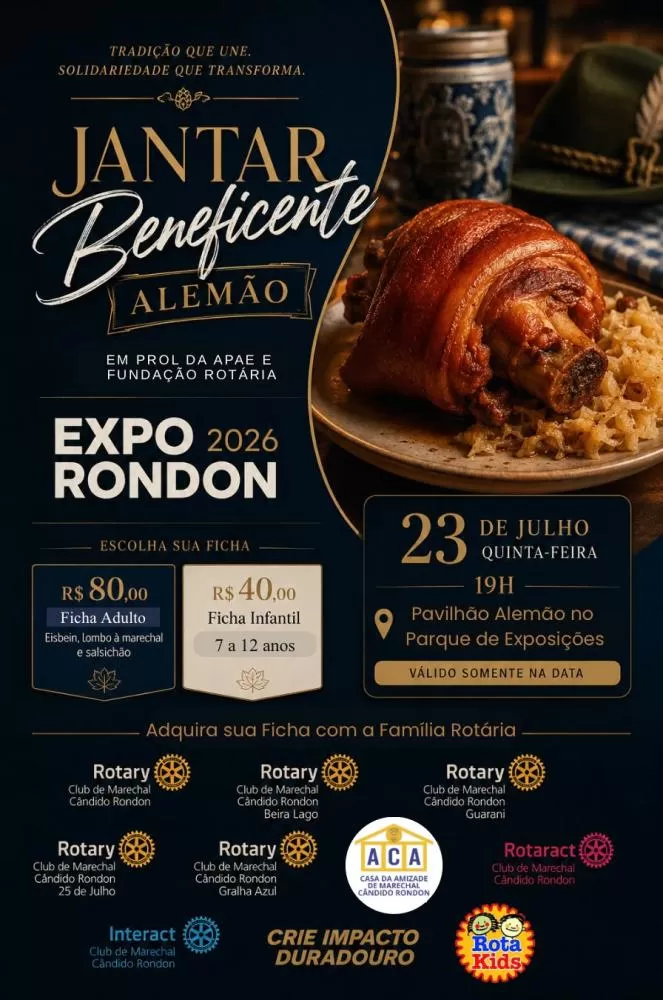 Família Rotária realiza Jantar Beneficente Alemão no dia 23 de julho, durante a Expo Rondon 2026, com renda destinada à APAE e à Fundação Rotária. (Imagem: Divulgação)