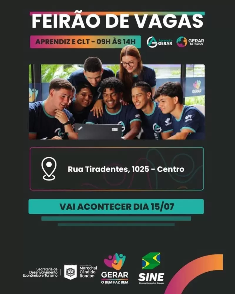Feirão de Vagas será realizado nesta quarta-feira (15), das 9h às 14h, em frente ao Sine de Marechal Cândido Rondon, com oportunidades para jovens e aprendizes. (Foto: Divulgação)