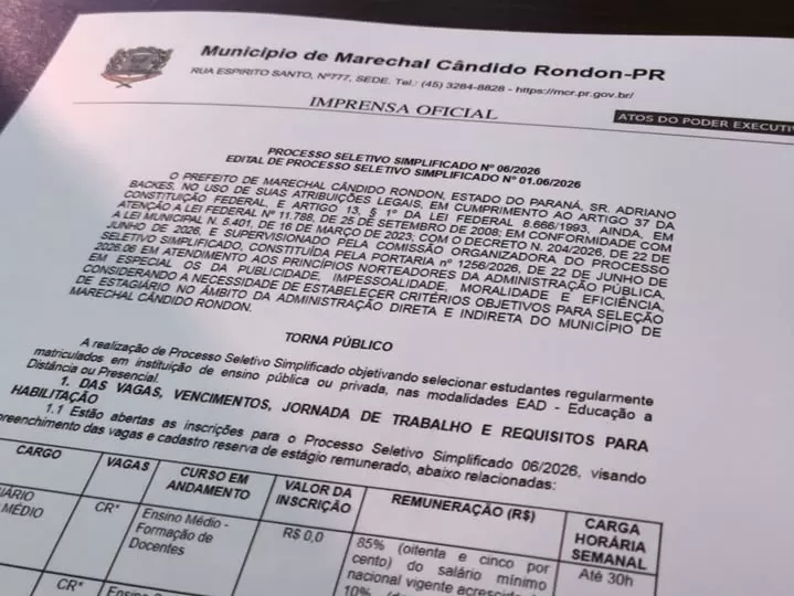 Prefeitura de Marechal Cândido Rondon abriu inscrições para PSS de estágio remunerado na área da Educação, com cadastro reserva para ensino médio, Pedagogia e pós-graduação. (Foto: Divulgação)