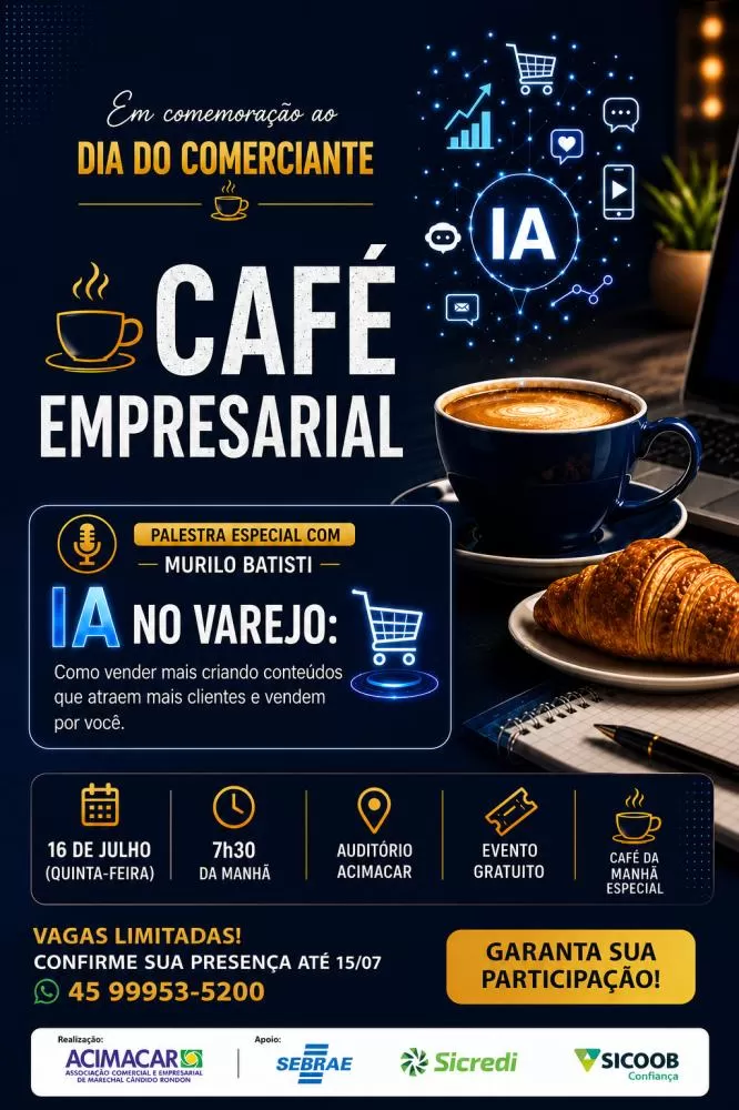 Acimacar promove Café Empresarial gratuito no Dia do Comerciante, com palestra sobre inteligência artificial, redes sociais e vendas no varejo. (Imagem: Divulgação)