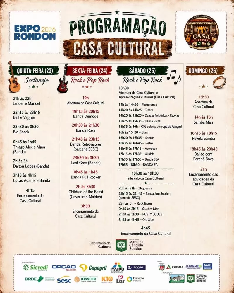 Casa Cultural da Expo Rondon 2026 terá programação gratuita entre os dias 23 e 26 de julho, com sertanejo, rock, samba, folclore e atrações regionais. (Imagem: Divulgação)