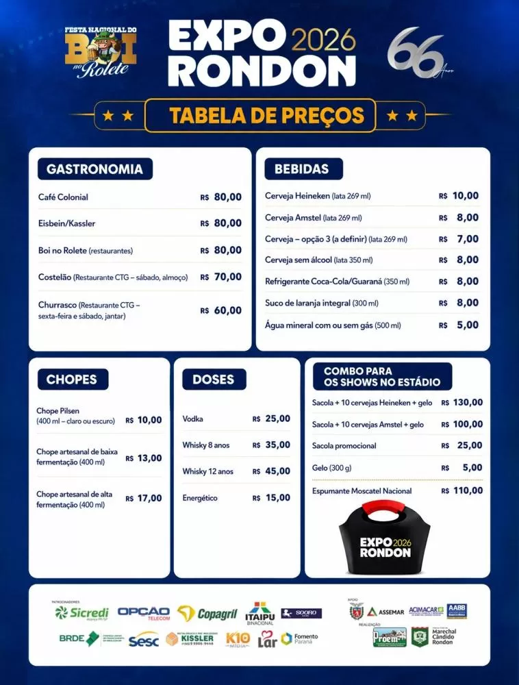 Tabela divulgada pela CCO apresenta os preços de refeições, bebidas, chopes e combos que serão comercializados durante a Expo Rondon 2026. (Imagem: Divulgação/CCO)