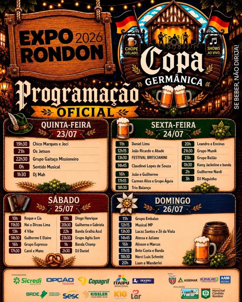 Copa Germânica receberá 38 atrações musicais ao longo de quatro dias da Expo Rondon 2026. (Imagem: Divulgação/CCO)