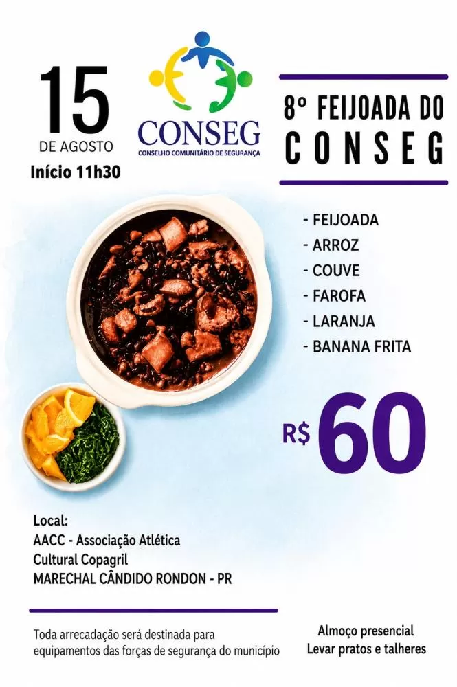 Feijoada do Conseg Marechal terá renda revertida para o apoio às forças de segurança pública do município. (Imagem: Divulgação)