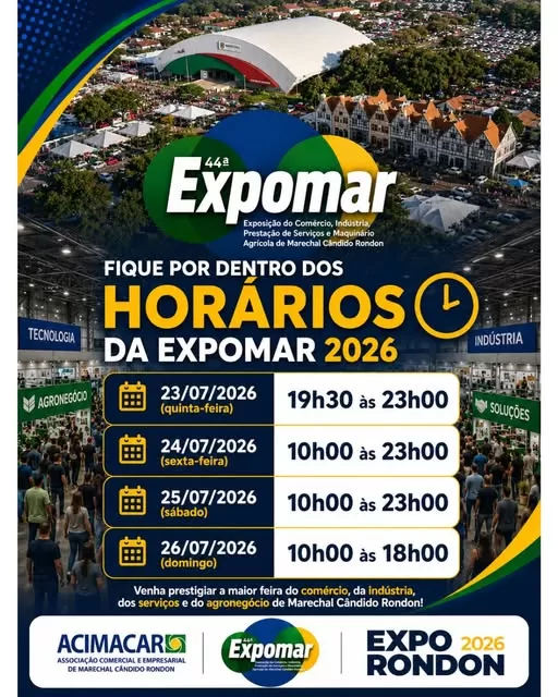 44ª Expomar terá horários diferenciados de funcionamento durante a Expo Rondon 2026. (Imagem: Divulgação)