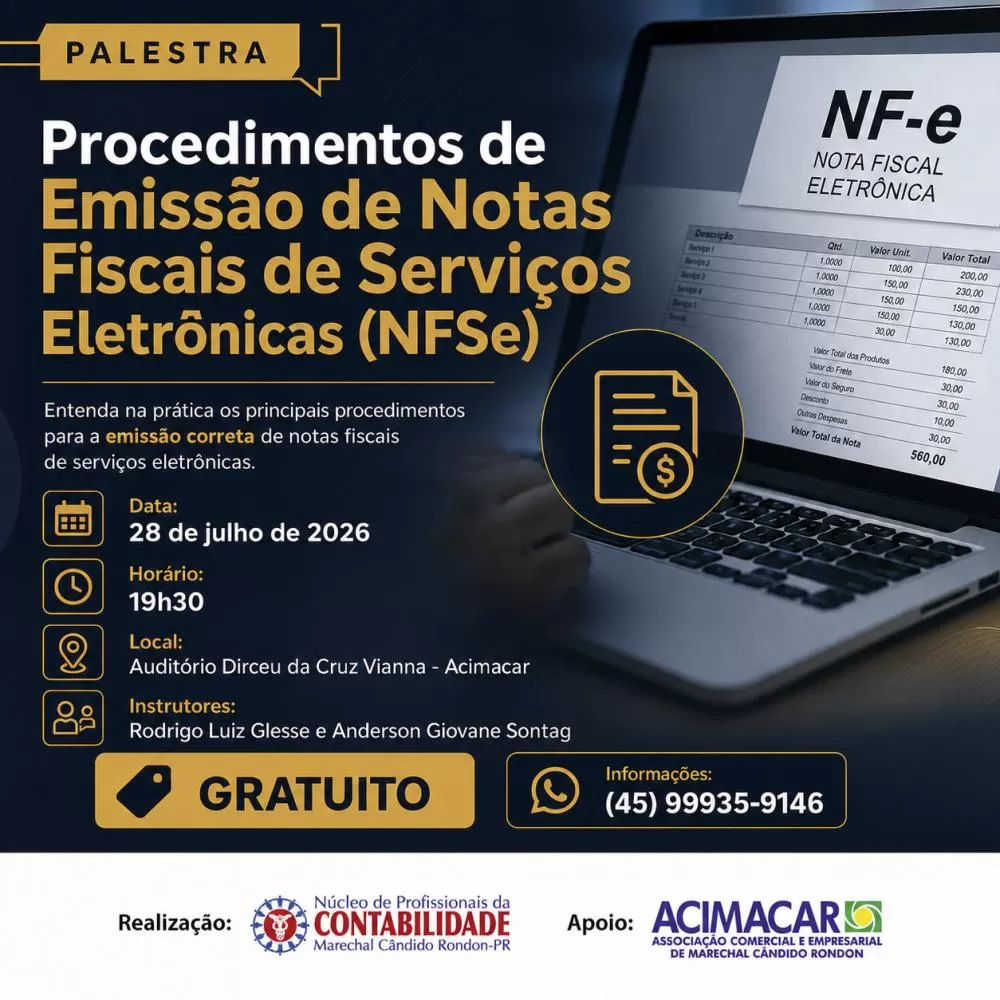 Palestra promovida pelo Núcleo dos Profissionais da Contabilidade da Acimacar orientará prestadores de serviço sobre a migração para o Emissor Nacional da NFSe. (Imagem: Divulgação)