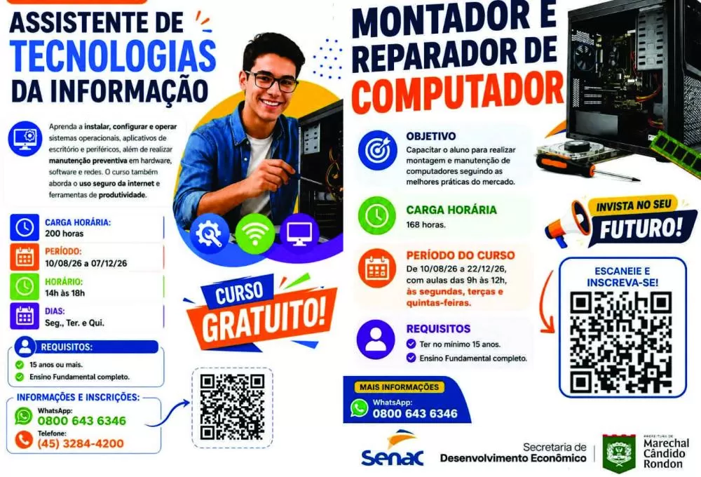 Senac abre inscrições para dois cursos gratuitos de tecnologia em Marechal Rondon