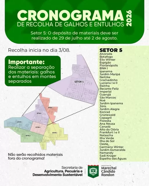 Moradores do setor 5 podem descartar galhos, entulhos e inservíveis até domingo