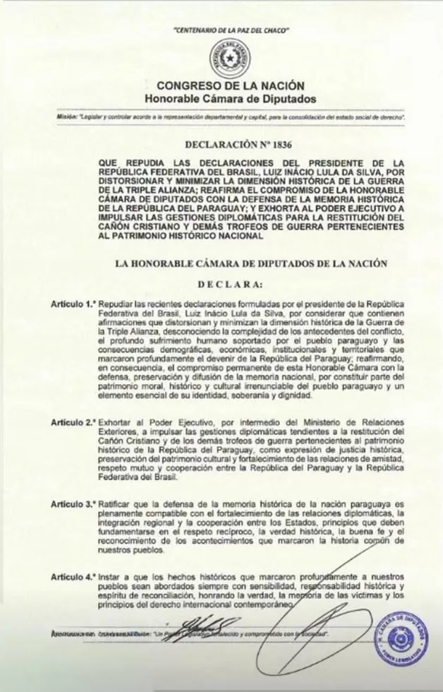 Câmara de Deputados do Paraguai aprovou a elaboração de declaração oficial de repúdio a fala de Lula sobre a Guerra da Tríplice Aliança. (Foto: Divulgação)