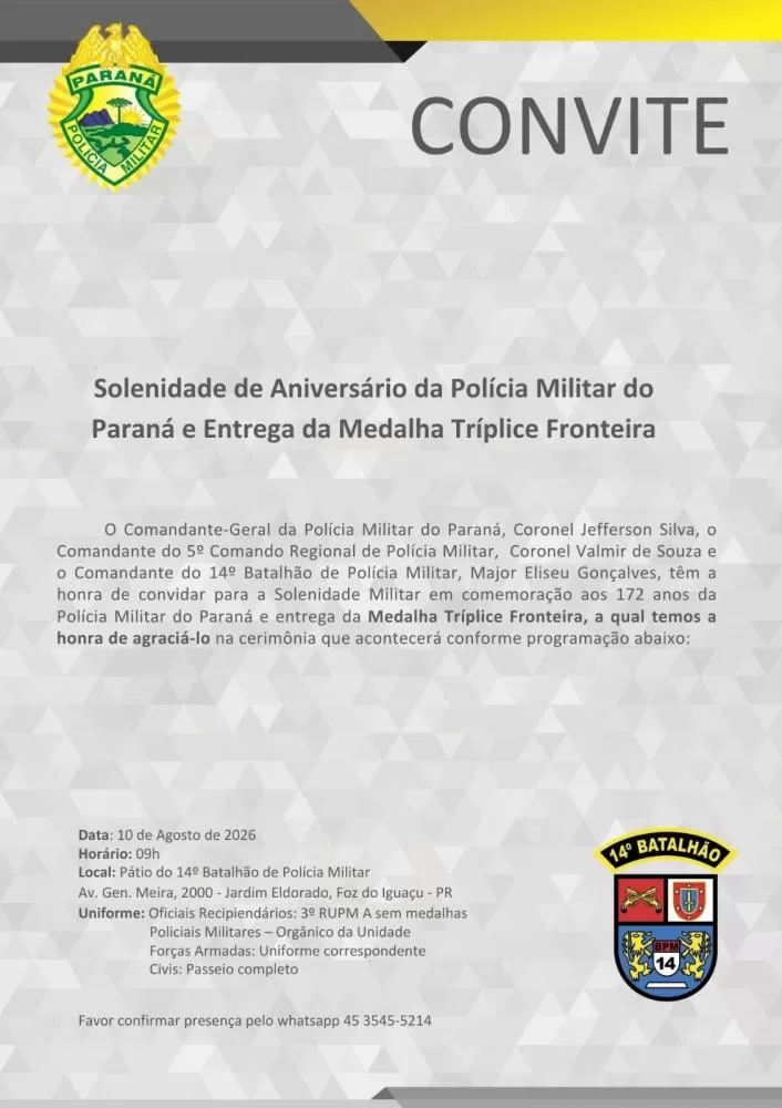 Vanderlei Sauer receberá a Medalha Sentinelas da Tríplice Fronteira durante a solenidade comemorativa aos 172 anos da Polícia Militar do Paraná, no 14º BPM, em Foz do Iguaçu. (Imagem: Divulgação)