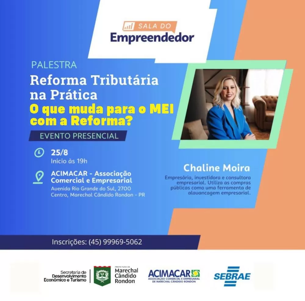 Palestra “Reforma Tributária na Prática” será realizada na próxima terça-feira (25), às 19h, na Acimacar. (Imagem: Divulgação)