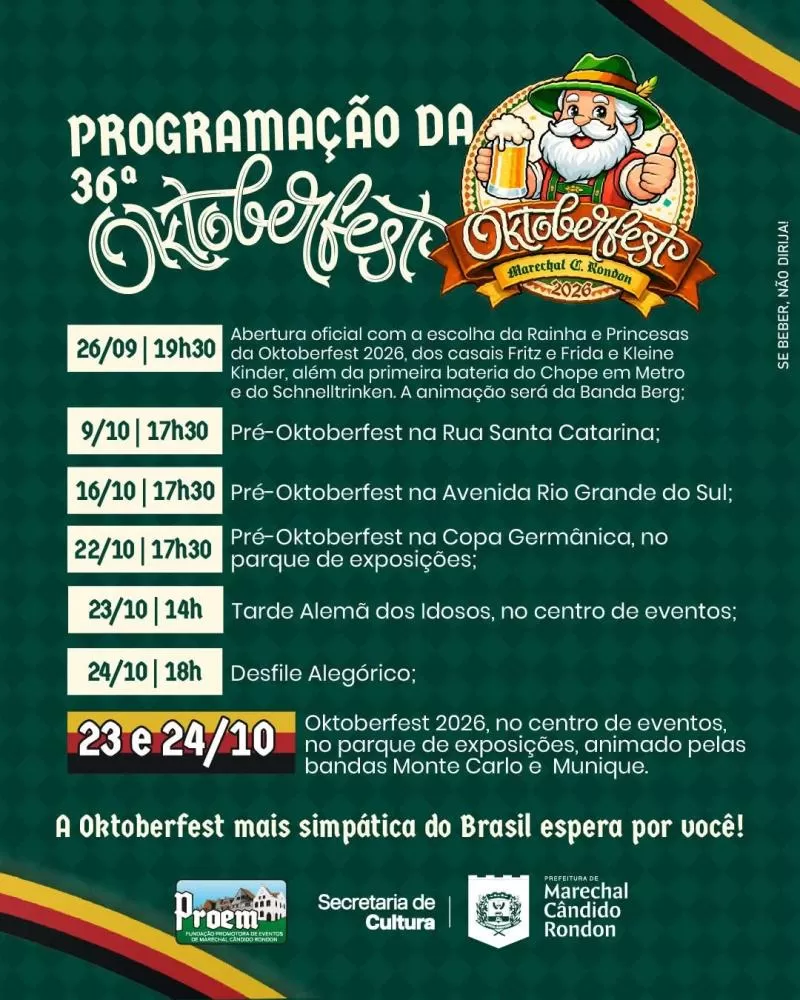 Programação da 36ª Oktoberfest de Marechal Cândido Rondon começa em 26 de setembro e terá a festa principal nos dias 23 e 24 de outubro. (Imagem: Divulgação)