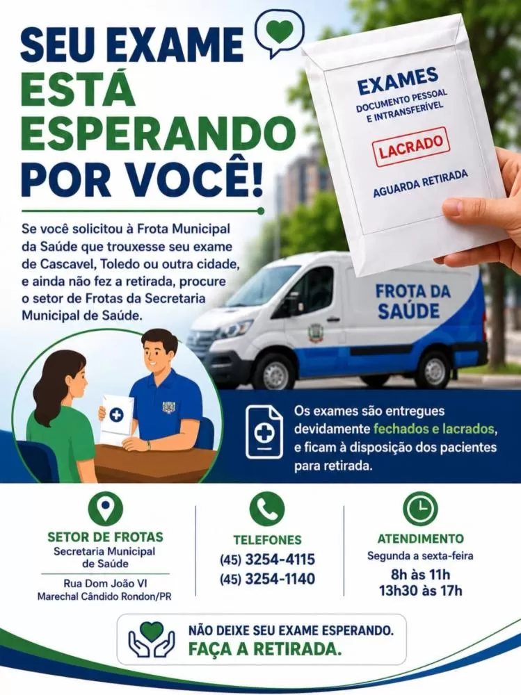 Exames retirados pela Frota Saúde em clínicas de outros municípios permanecem lacrados e aguardam os pacientes no setor municipal. (Imagem: Divulgação)