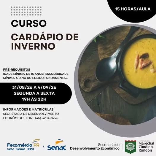 Curso Cardápio de Inverno terá aulas sobre o preparo de sopas, risotos, massas, cremes, fondue e outros pratos, além de boas práticas e armazenamento de alimentos (Imagem: Divulgação)
