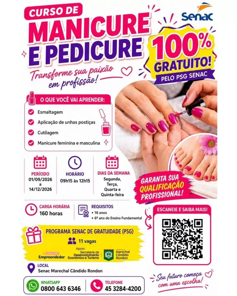 Curso oferece formação prática em manicure e pedicure e pode representar uma oportunidade para desenvolver novas habilidades profissionais e gerar renda. (Imagem: Divulgação