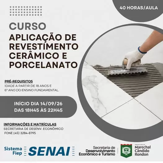 Curso gratuito oferecerá formação prática para aplicação de revestimentos cerâmicos e porcelanatos em Marechal Cândido Rondon. (Imagem: Divulgação)