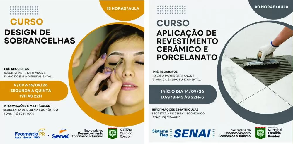 Cursos gratuitos oferecem oportunidades de qualificação nas áreas de beleza e construção civil em Marechal Cândido Rondon. (Imagens: Divulgação)