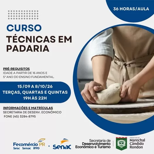 Curso gratuito de Técnicas em Padaria terá 36 horas de capacitação, com aulas entre 15 de setembro e 8 de outubro em Marechal Cândido Rondon. (Imagem: Divulgação)