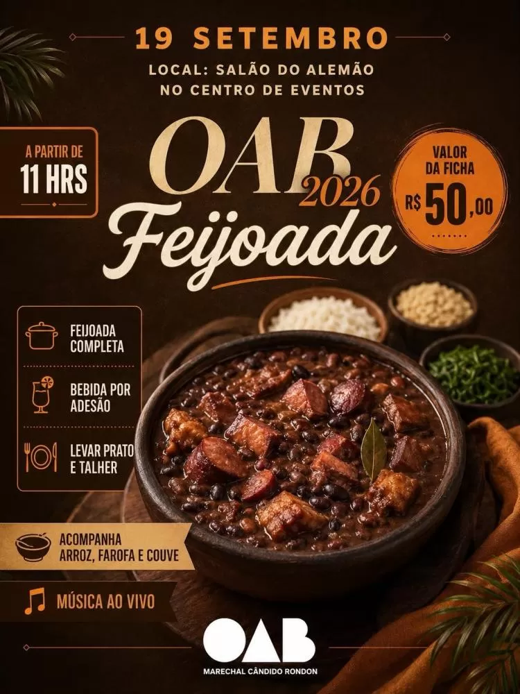 Feijoada da OAB 2026 será realizada no sábado (19) e terá parte do lucro destinada à Casa de Maria. (Imagem: Divulgação)