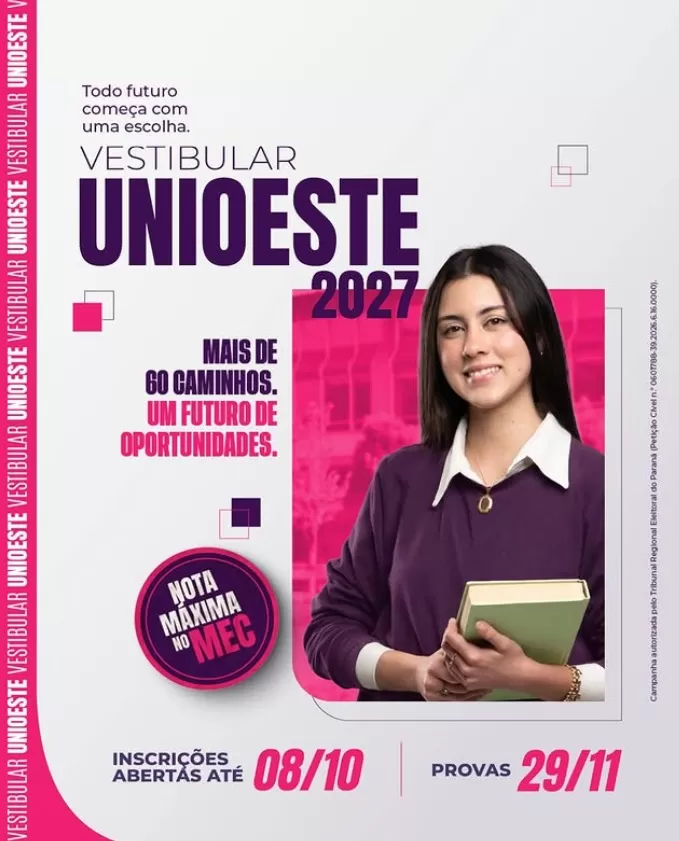 Inscrições seguem até 8 de outubro e a prova do Vestibular Unioeste 2027 será realizada em 29 de novembro. (Imagem: Divulgação/Unioeste)
