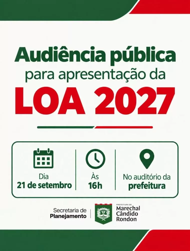 Audiência pública para apresentação da LOA 2027 será realizada na segunda-feira, às 16h, no auditório do paço municipal. Encontro também abordará alterações no Plano Plurianual e na Lei de Diretrizes Orçamentárias para 2027. (Imagem: Divulgação)