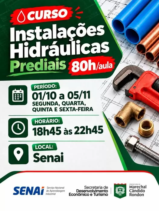 Curso gratuito de Instalações Hidráulicas Prediais terá 80 horas de capacitação e aulas no período noturno em Marechal Rondon. (Foto: Divulgação)