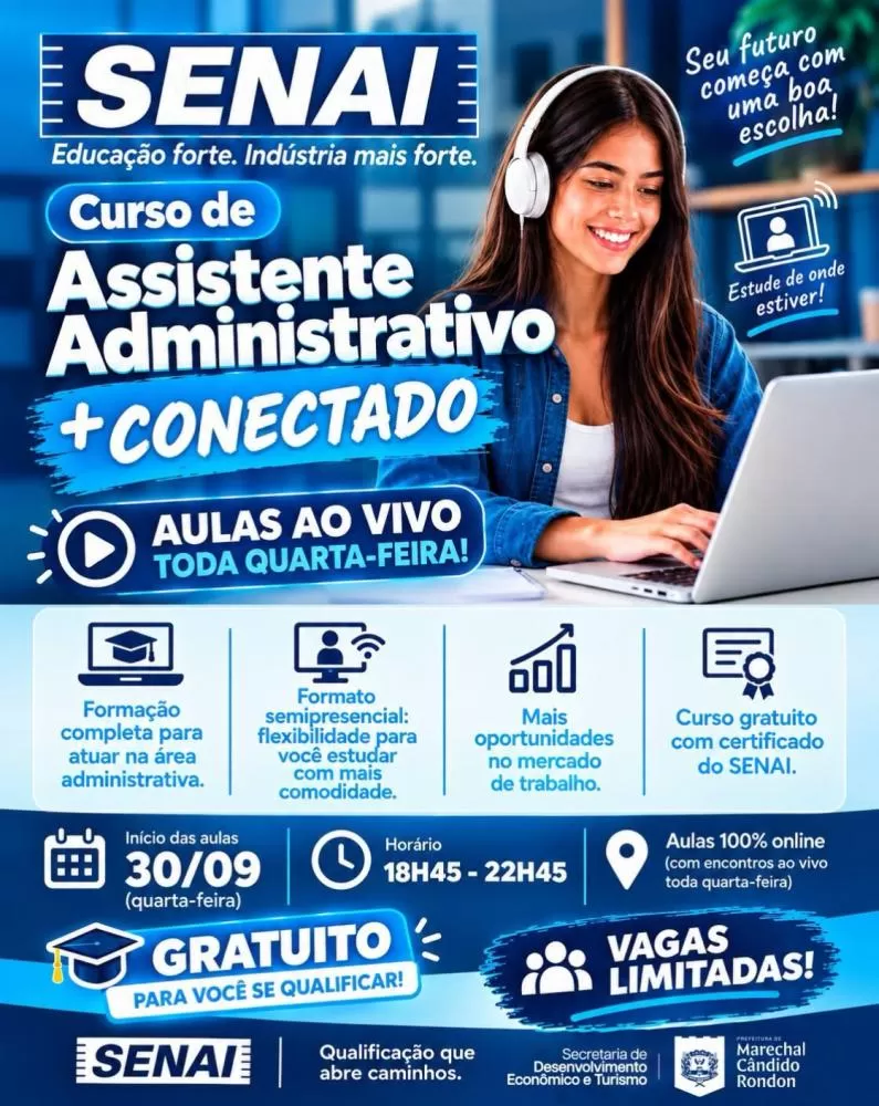 Curso gratuito de Assistente Administrativo terá 160 horas/aula e será realizado online, em tempo real, nas noites de quarta-feira. (Imagem: Divulgação)