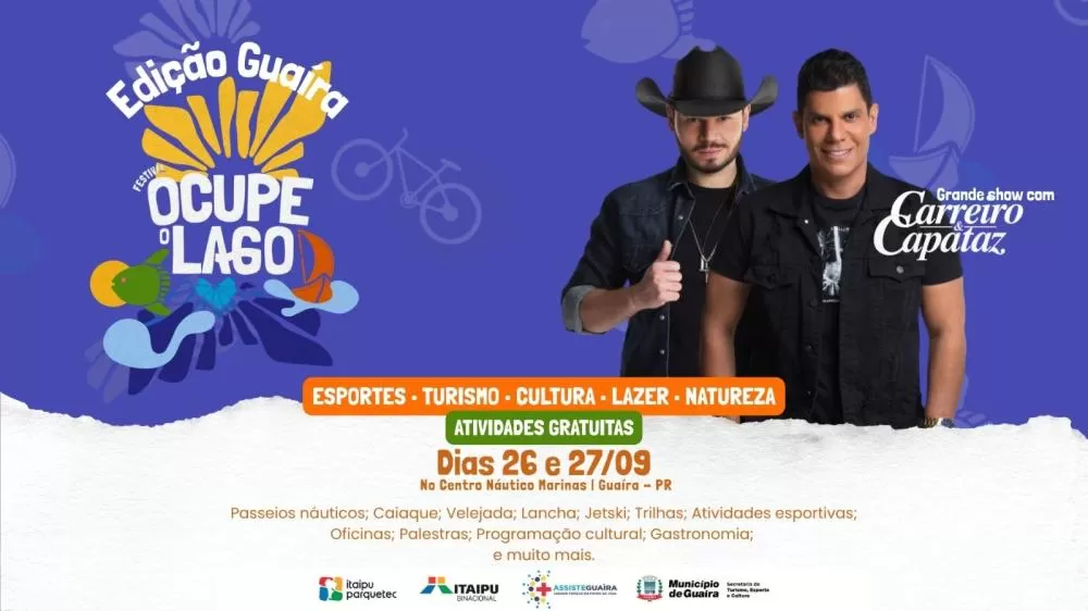 Festival Ocupe o Lago movimentará o Centro Náutico e Recreativo Marinas, em Guaíra, neste sábado (26) e domingo (27), com atividades esportivas, náuticas, gastronômicas e musicais. (Imagem: Divulgação)