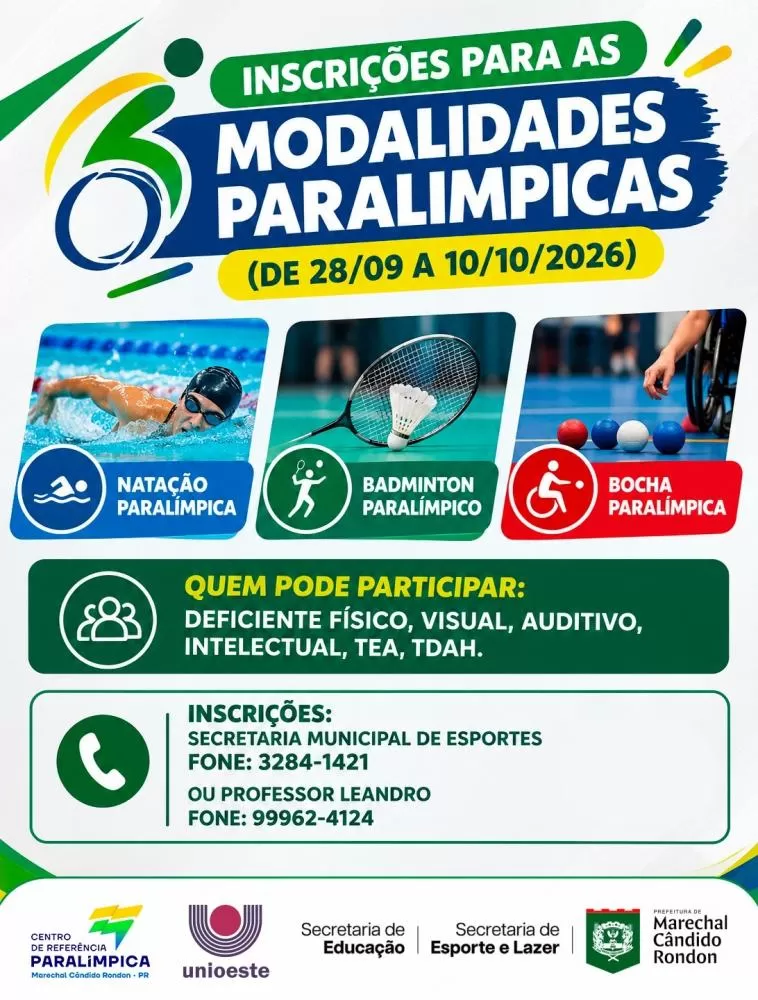 Inscrições para natação, badminton e bocha paralímpicos seguem abertas até 10 de outubro em Marechal Cândido Rondon. (Foto: Divulgação)
