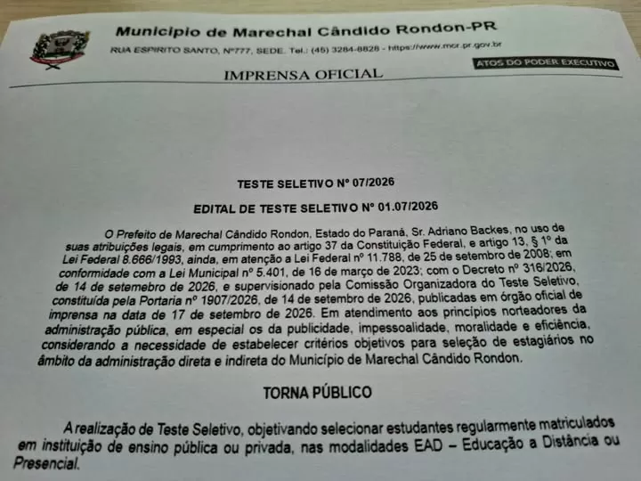 Prefeitura abre seleção para novos estagiários