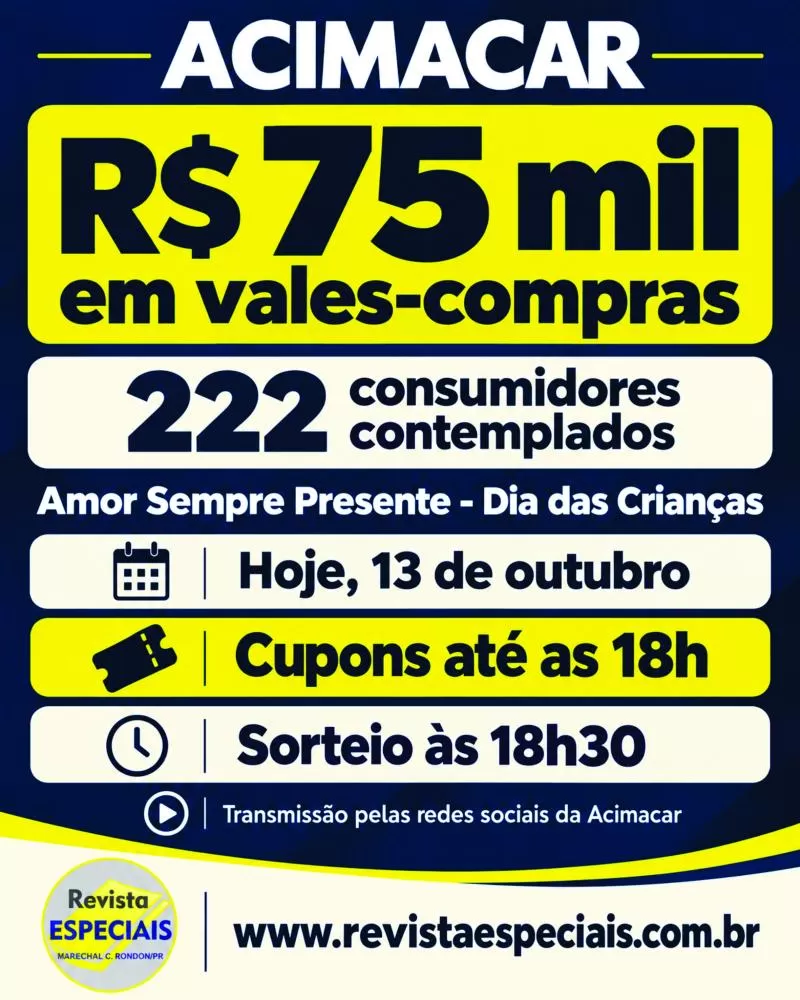 Sorteio da campanha do Dia das Crianças distribuirá R$ 75 mil em vales-compras para 222 consumidores nesta terça-feira (13).