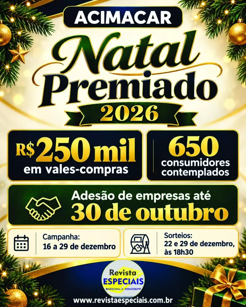 Campanha Natal Premiado 2026 distribuirá R$ 250 mil em vales-compras, com sorteios em 22 e 29 de dezembro. 