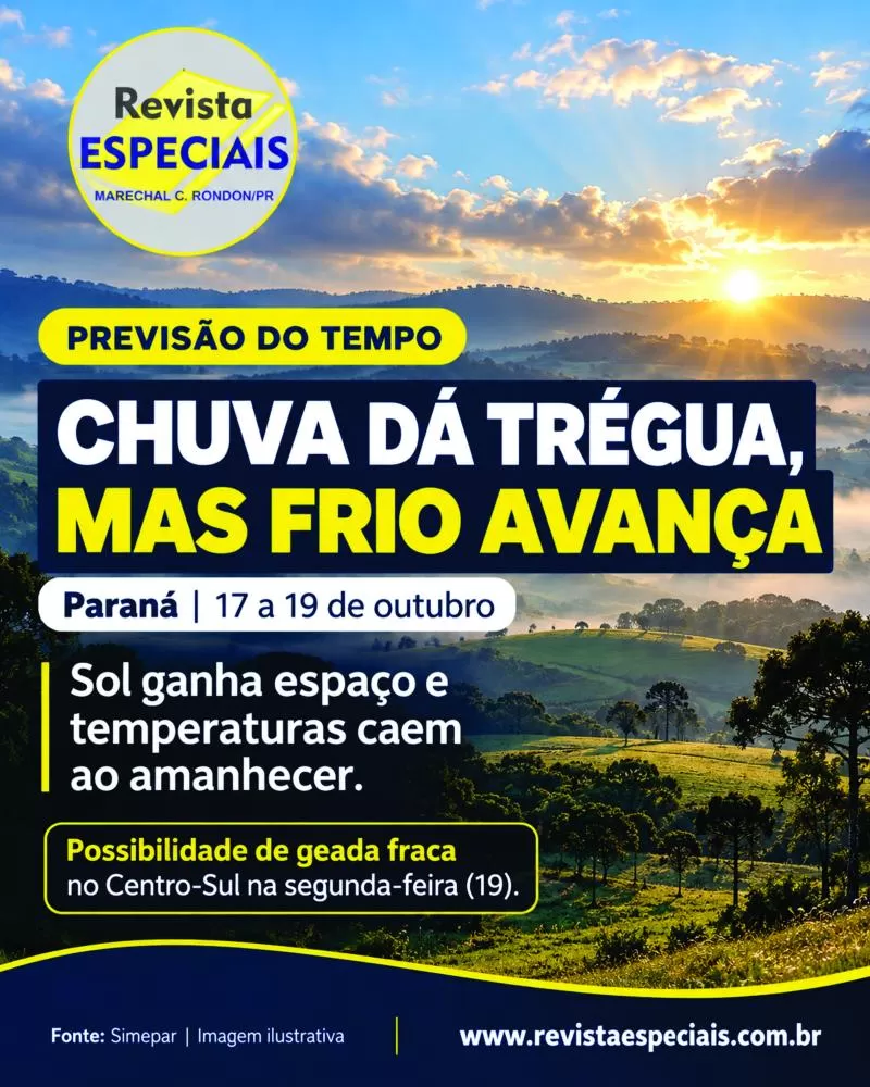 Previsão indica retorno gradual do sol e queda nas temperaturas no Paraná. 
